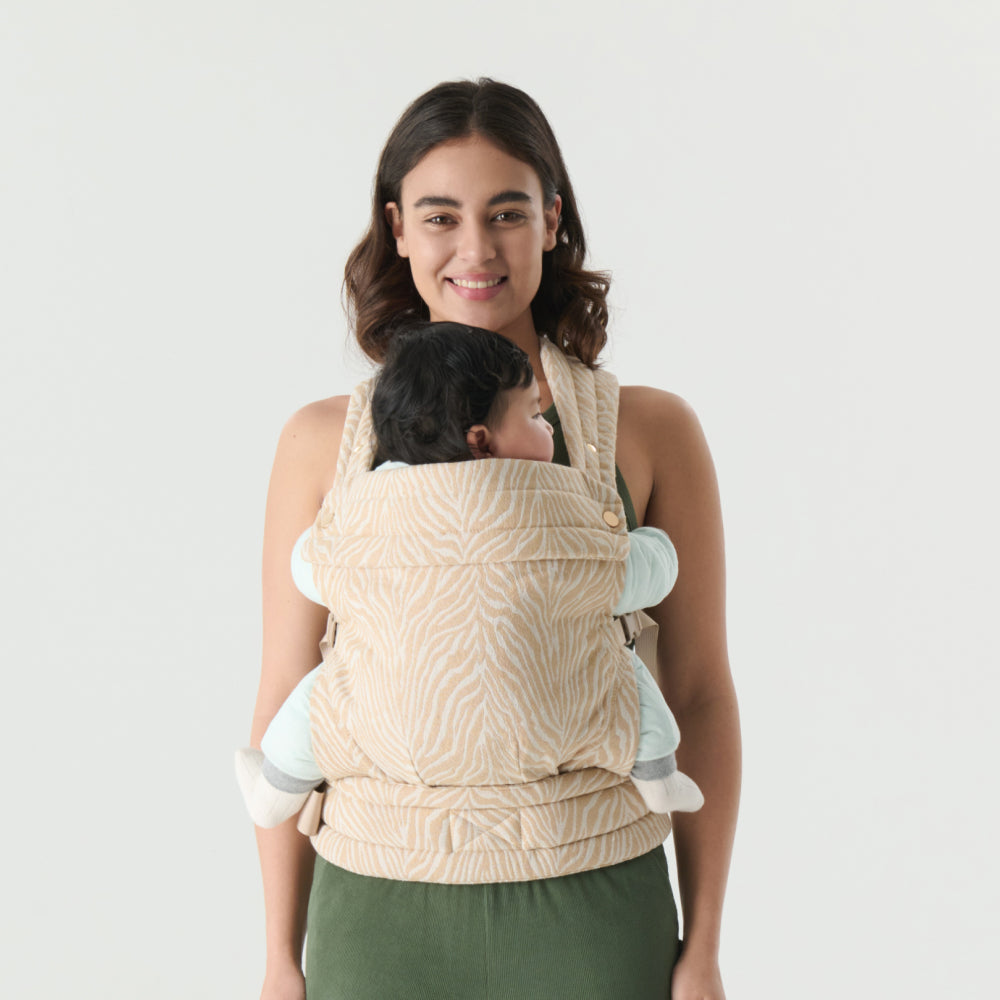 Baby Carrier for Newborns to Toddlers | Cozy Wrap with Lumbar Support | Soft Fabric, 7-35lbs Adjustable Fit | Beige Zebra Pattern