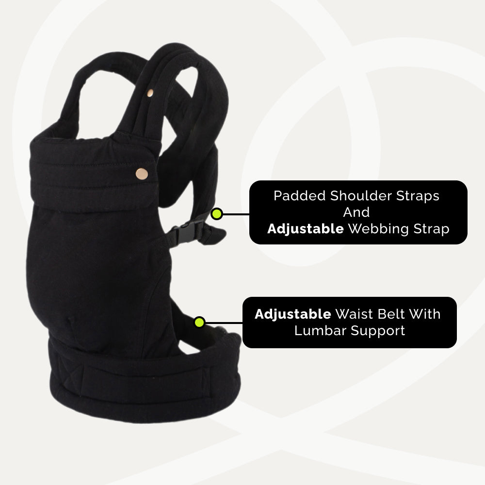 Nest Blanche Cotton Baby Carrier for Newborns to Toddlers ,Cozy Wrap Carrier with Lumbar Support, Soft Black Fabric, 7-35lbs Adjustable Fit
